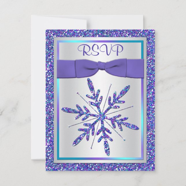 PRINTED Ribbon Purple Aqua Silver Wedding RSVP Invitation (Front)