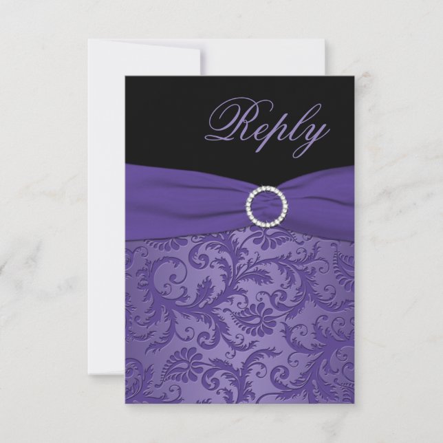 PRINTED RIBBON Purple, Black Damask Reply Card (Front)