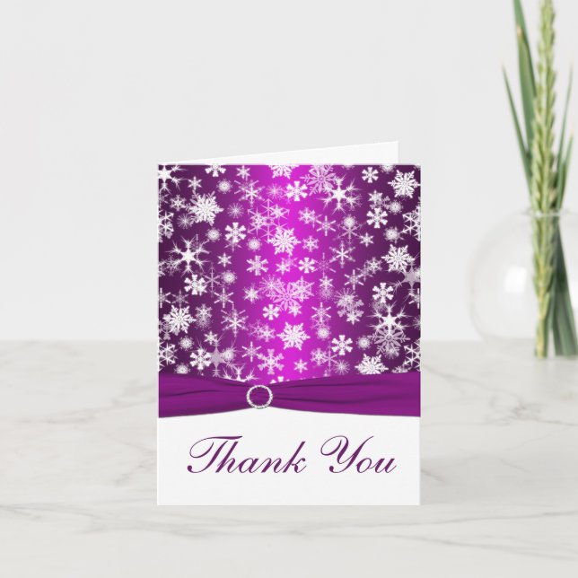 PRINTED RIBBON Purple, White Snowflakes Thank You Card (Front)