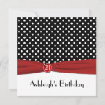 PRINTED RIBBON Red Black Polka Dots 21st Birthday Invitation<br><div class="desc">This modern and chic black and white polka dots 21st birthday party invitation has a red PRINTED ribbon and a PRINTED diamond buckle on it. It is shown here on basic paper but would sparkle especially well on the metallic paper in "ice". All the text is customisable and can be...</div>