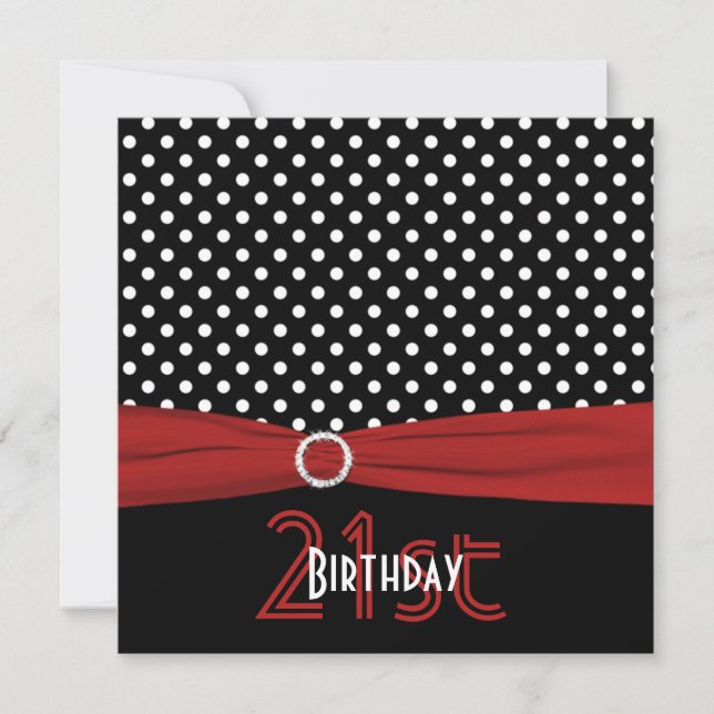 PRINTED RIBBON Red Black Polka Dots 21st Birthday Invitation (Front)