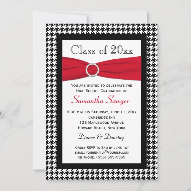 PRINTED RIBBON Red Black White Graduation Invite (Front)