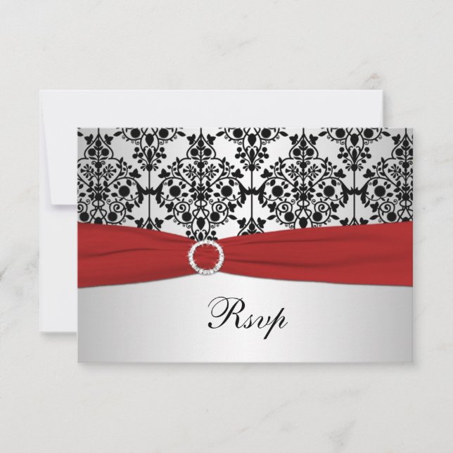 PRINTED RIBBON Red, Grey, & Black Damask RSVP Card (Front)