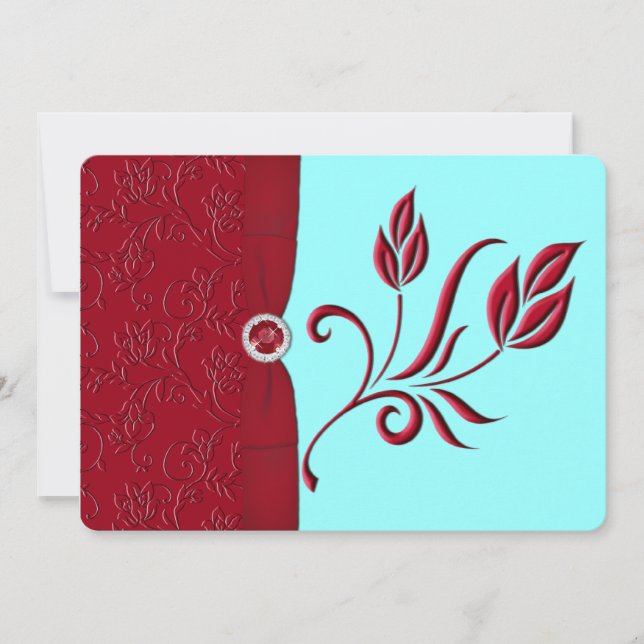 PRINTED RIBBON Ruby Red & Aqua Wedding Invite (Front)