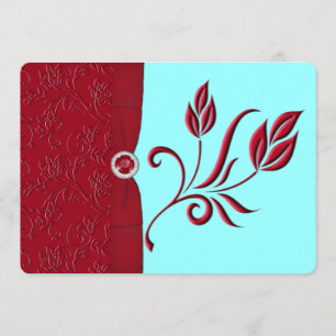 PRINTED RIBBON Ruby Red & Aqua Wedding Invite