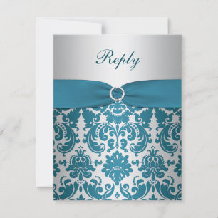PRINTED RIBBON Silver, Teal Damask Reply Card