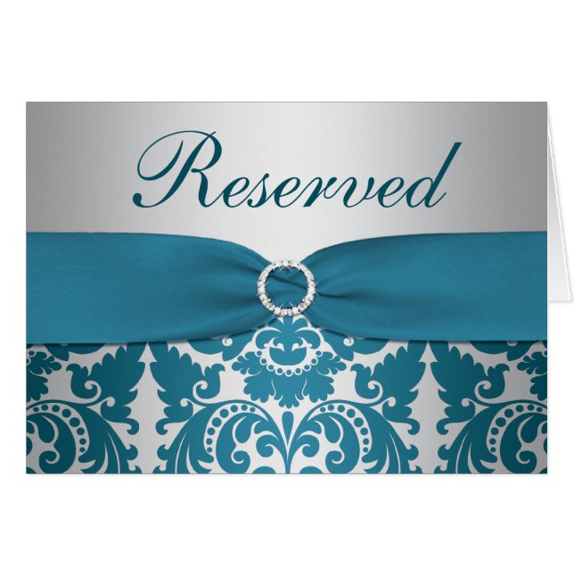 PRINTED RIBBON Silver, Teal Damask Reserved Card (Front Horizontal)