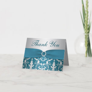 PRINTED RIBBON Silver, Teal Damask Thank You Card