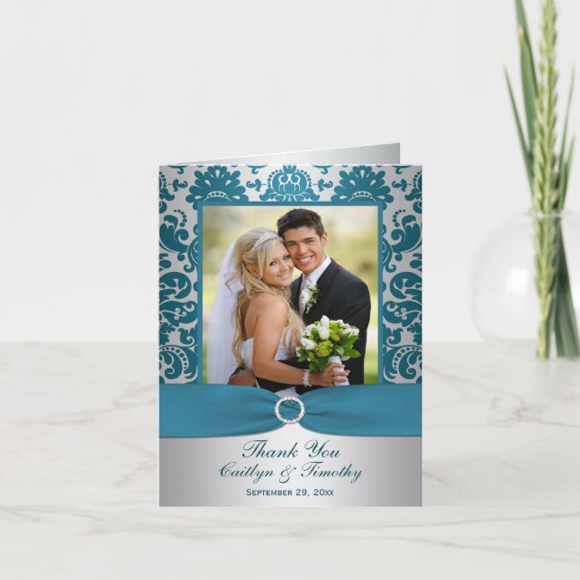 PRINTED RIBBON Silver, Teal Damask Thank You Card (Front)