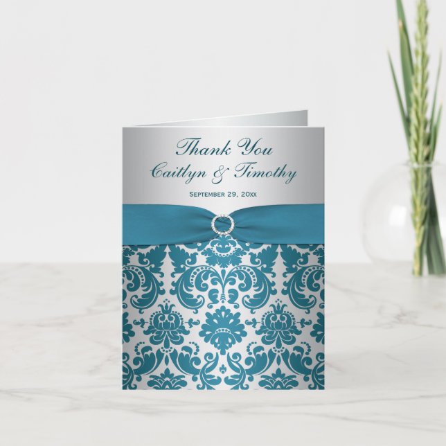 PRINTED RIBBON Silver, Teal Damask Thank You Card (Front)
