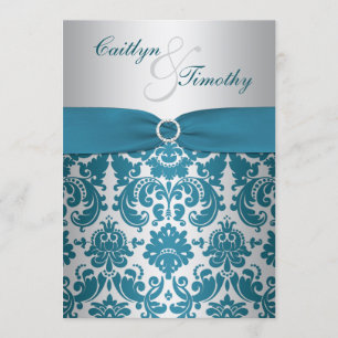 PRINTED RIBBON Silver, Teal Damask Wedding Invite