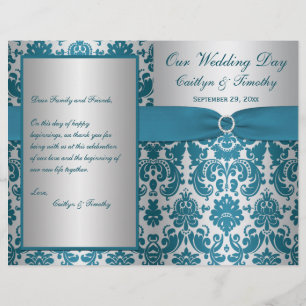 PRINTED RIBBON Silver, Teal Damask Wedding Program