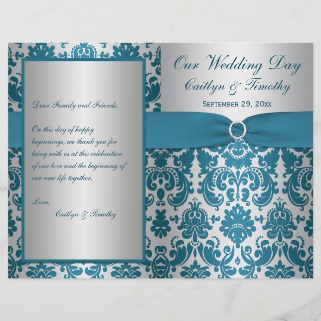 PRINTED RIBBON Silver, Teal Damask Wedding Program (Front)
