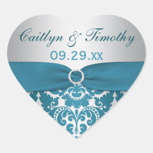 PRINTED RIBBON Silver, Teal Damask Wedding Sticker