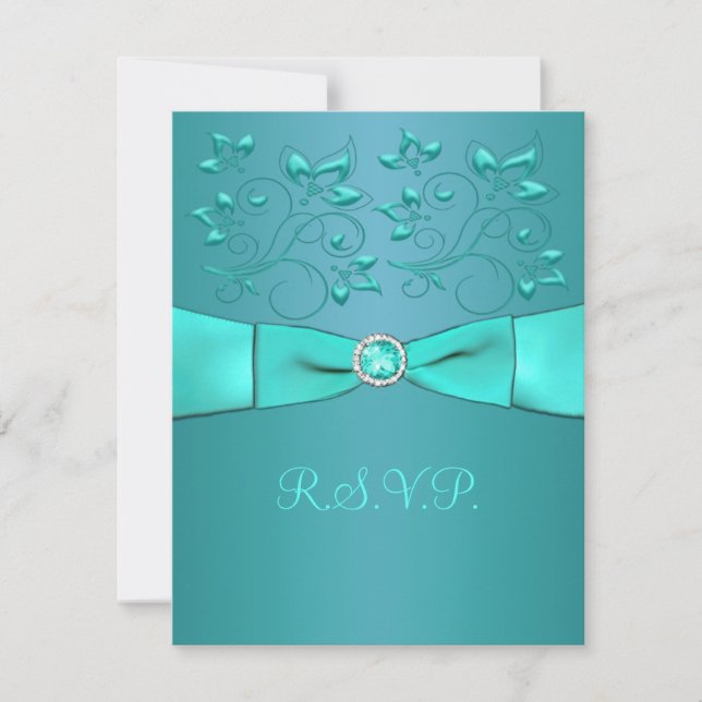 PRINTED RIBBON Teal, Aqua Floral II Reply Card (Front)
