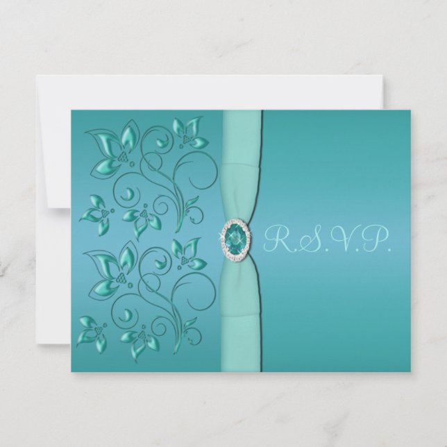 PRINTED RIBBON Teal, Aqua Floral RSVP Card (Front)