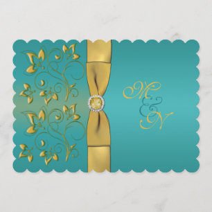 PRINTED RIBBON Teal, Gold Floral Monogram Invite