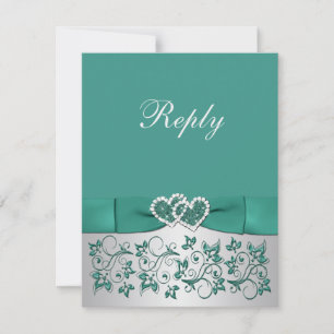 PRINTED RIBBON Teal, Silver Floral Reply Card