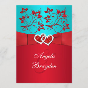 PRINTED RIBBON Turquoise Red Floral Wedding Invite