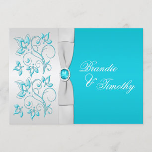 PRINTED RIBBON Turquoise, Silver Floral Wedding Invitation
