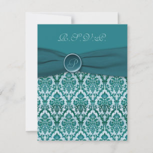PRINTED RIBBON Vintage Teal Damask Reply Card