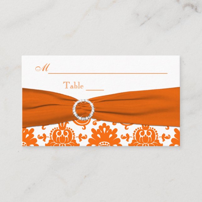 PRINTED RIBBON White, Orange Damask Place Card (Front)