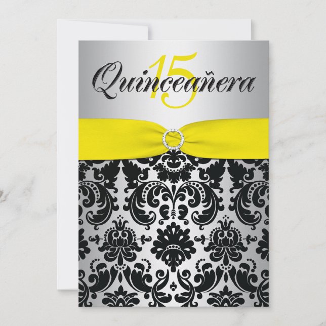PRINTED RIBBON Yellow Silver Black Quinceanera Invitation (Front)