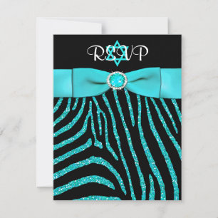 PRINTED RIBBON Zebra, Blue FAUX Glitter RSVP Card