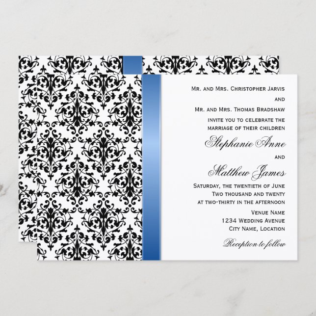 Printed Royal Blue Ribbon and Damask Wedding Invitation (Front/Back)