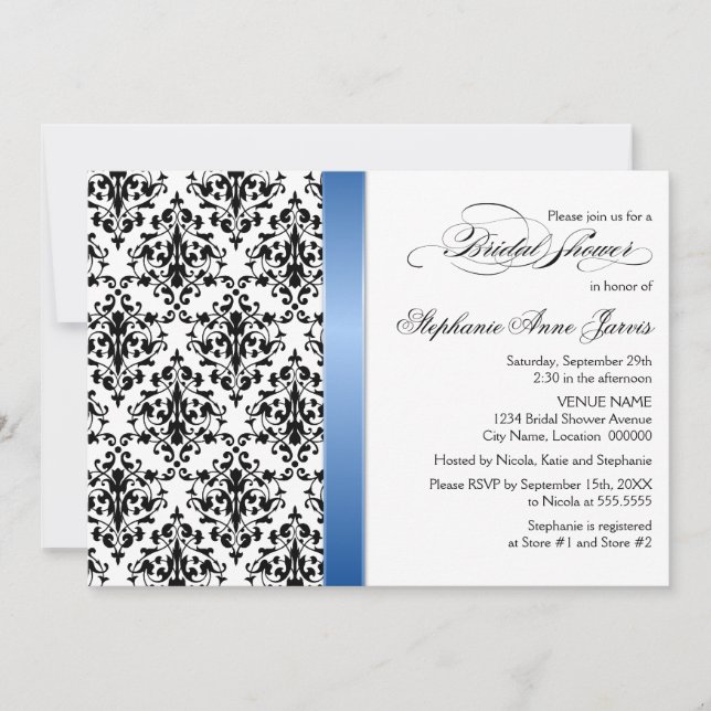 Printed Royal Blue Ribbon Damask Bridal Shower Invitation (Front)