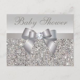 Printed Silver Sequins, Bow & Diamond Baby Shower Invitation