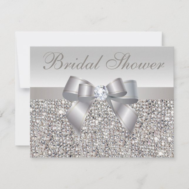 Printed Silver Sequins Bow & Diamond Bridal Shower Invitation (Front)