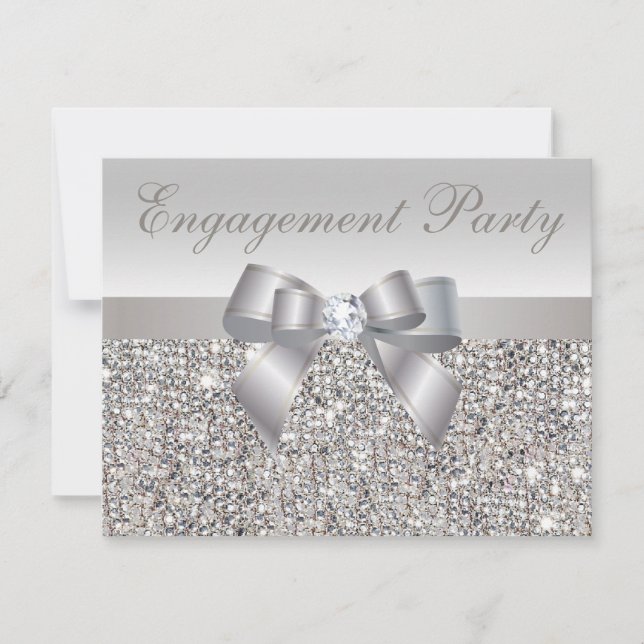 Printed Silver Sequins, Bow & Diamond Engagement Invitation (Front)