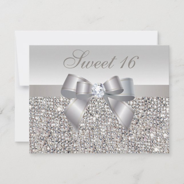 Printed Silver Sequins, Bow & Diamond Sweet 16 Invitation (Front)