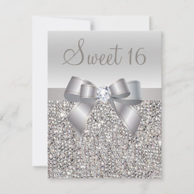 Printed Silver Sequins, Bow & Diamond Sweet 16 Invitation (Front)