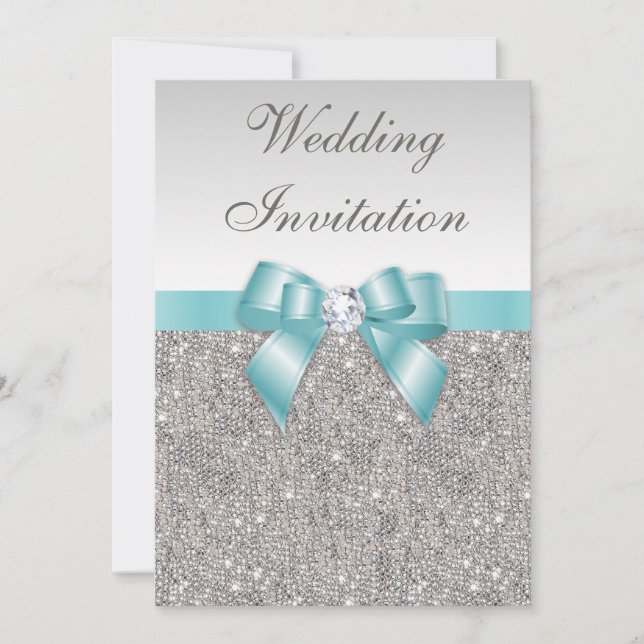 Printed Silver Sequins Diamonds Teal Bow Wedding Invitation (Front)