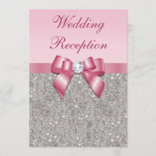 Printed Silver Sequins Pink Bow Wedding Reception Invitation