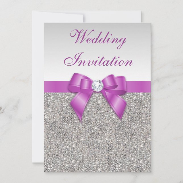 Printed Silver Sequins Radiant Orchid Bow Wedding Invitation (Front)