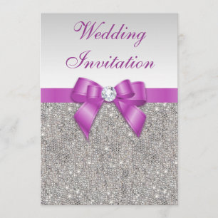 Printed Silver Sequins Radiant Orchid Bow Wedding Invitation