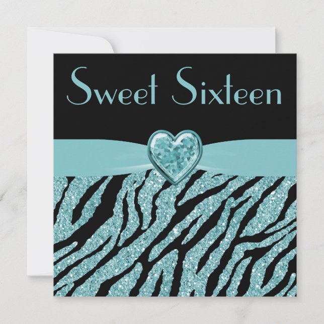 Printed Teal Heart & Zebra Glitter Sweet 16 Invitation (Front)