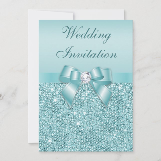 Printed Teal Sequins Diamonds Faux Bow Wedding Invitation (Front)