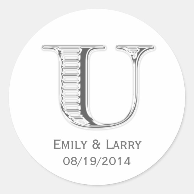 Printed white chrome monogram U wedding favour Classic Round Sticker (Front)