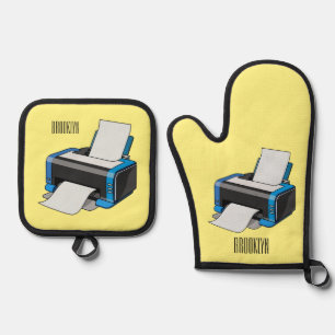 Printer cartoon illustration oven mitt & pot holder set