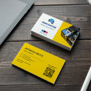 Printer Repair Business   Yellow White Barcode Business Card