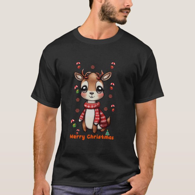 Prints of Joy Merry Christmas with a Cute Reindeer T-Shirt (Front)