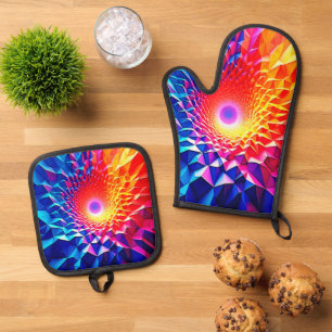 Prismatic Geometric Color Vortex Design Oven Mitt & Pot Holder Set