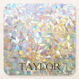 Prismatic Stained Glass Effect - Rainbow Prismatic Square Paper Coaster