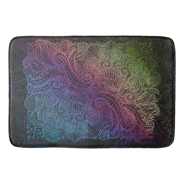 Prismatic Swirl | Rainbow Fractal Feather Art Bath Mat (Front)