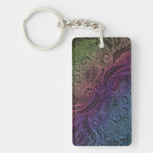 Prismatic Swirl Rainbow Fractal Feather Art Key Ring
