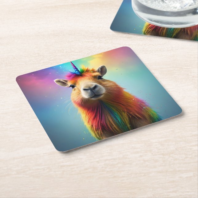 Prismhorn: The Rainbow Capybaraicorn Square Paper Coaster (Angled)